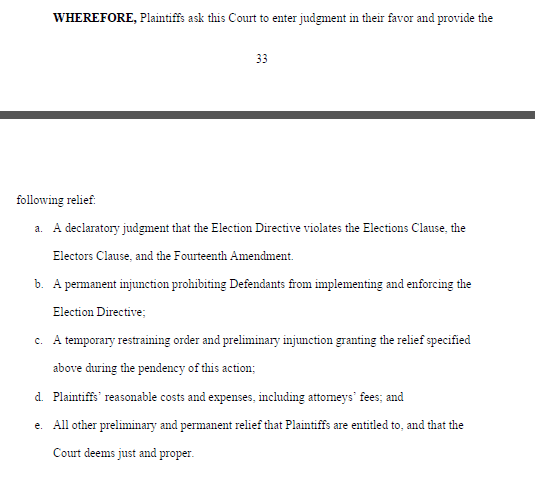 The suit asks for a judgment that the directive violates the Elections Clause, Electors Clause and 14th Amendment. It asks for a permanent injunction prohibiting the state from enforcing the directive, and also attorneys' fees.  #mtnews  #mtpol