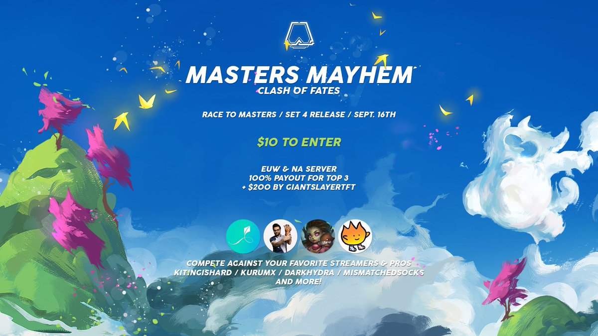 Race to masters tournament! 🔥

Masters Mayhem: Clash of Fates is a race to become the first players to reach master in the new #TFT set. For more info check out the discord at: discord.gg/UxjcmVT

Thank you <a href="/GiantSlayerTFT/">Teamfight Tactics by Giant Slayer</a> for contributing to the prize pool!