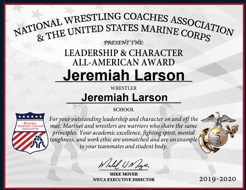 Neosho Athletics (@neoshoad) on Twitter photo Congrats to <a href="/NeoshoWrestling/">Neosho Wrestling</a> 's Jeremiah Larson on receiving the Marine Corps Award for Leadership and Character!! 👏👏 Congrats to <a href="/NeoshoWrestling/">Neosho Wrestling</a> 's Jeremiah Larson on receiving the Marine Corps Award for Leadership and Character!! 👏👏
