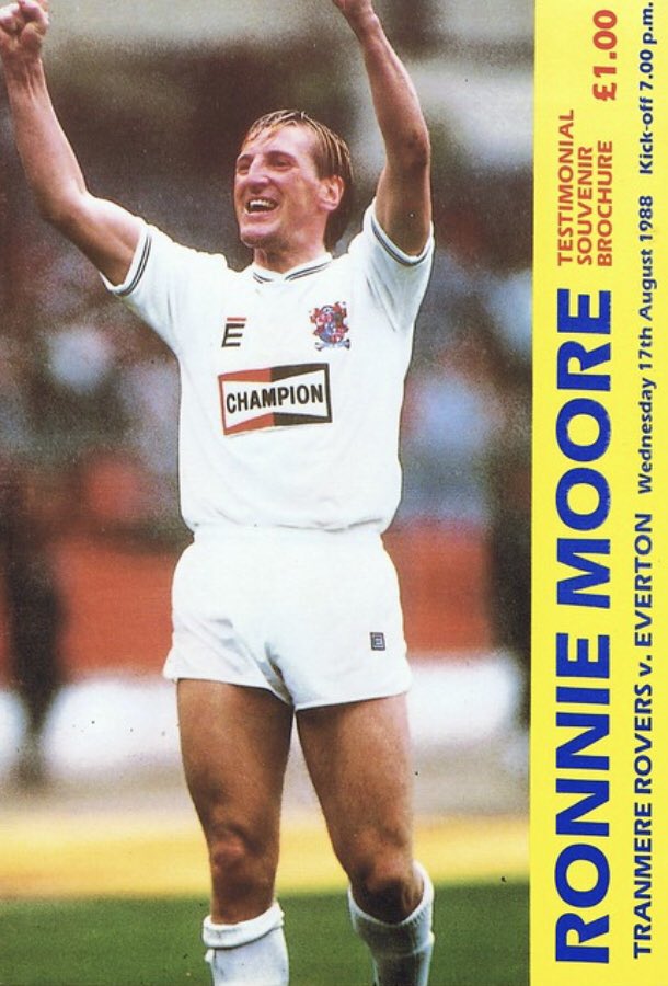 #74 Tranmere Rovers 0-3 EFC - Aug 17, 1988. EFC provided the opposition for Tranmere, for the testimonial of Tranmere legend & future manager Ronnie Moore. A bumper Prenton Park crowd saw EFC win 3-0, with 2 goals from Tony Cottee & 1 goal from Pat Nevin.
