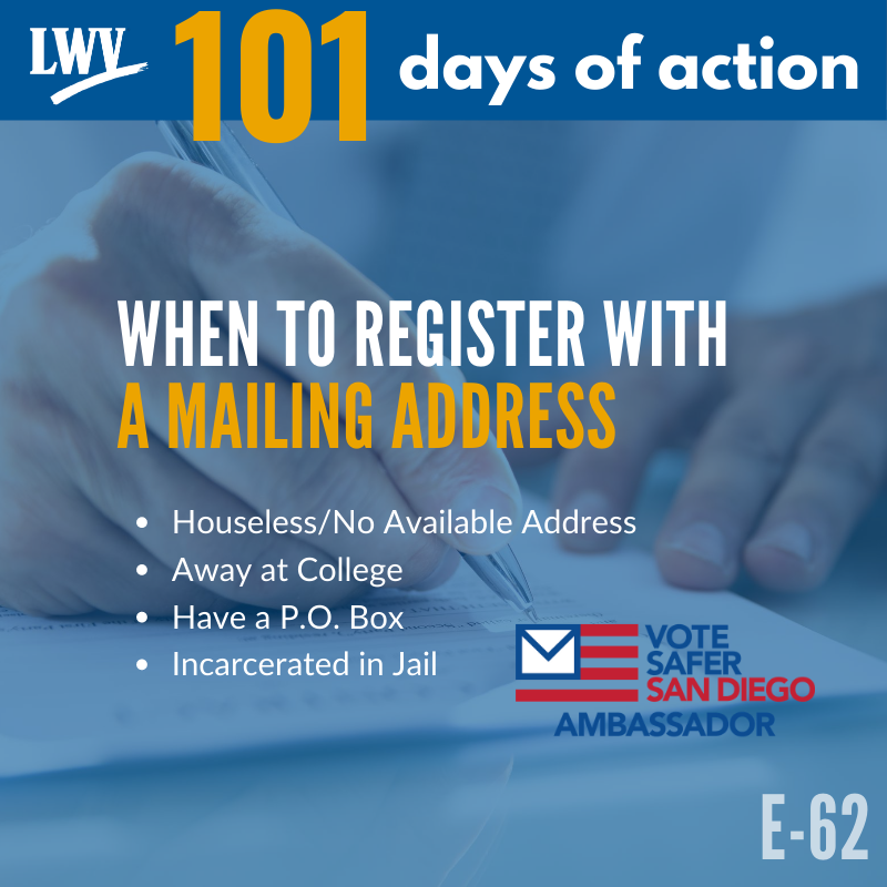 LWVSD's tweet photo. Check your voter registration to ensure your address is correct: https://t.co/2akwdVBnmM. To change your address, re-register at: https://t.co/b3yNXBFqRJ. Houseless voters can use cross streets to register. Share with those that need to know. #101DaysofLWVAction #2020Election https://t.co/LtXd2I5IiG