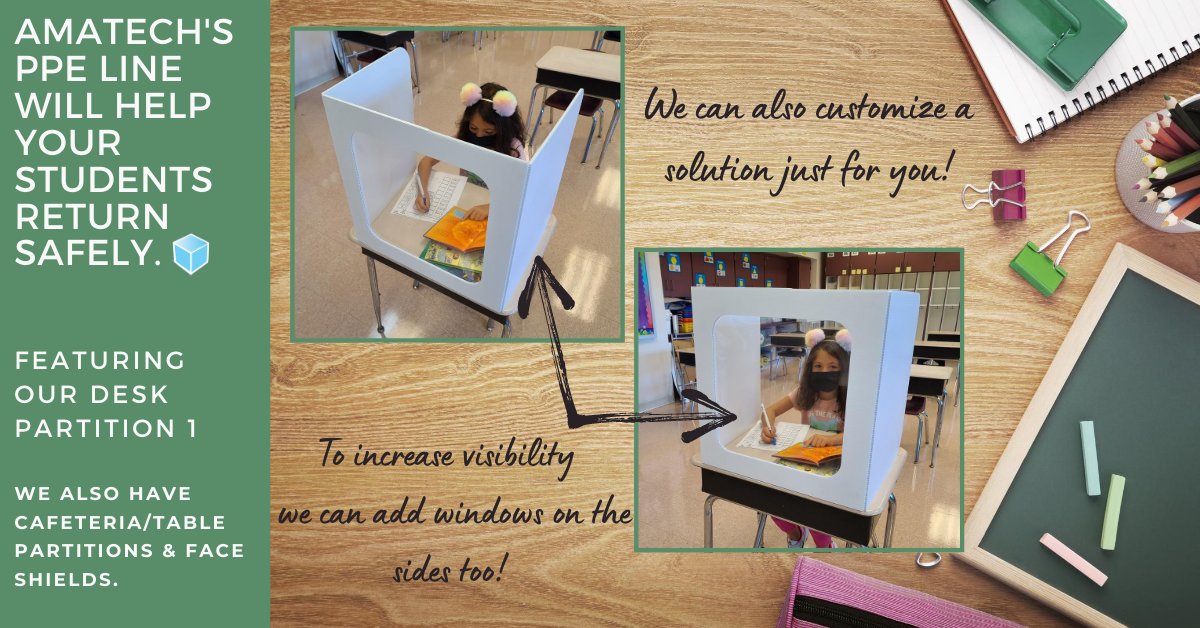 AmatechInc's tweet image. Our new design for our #deskpartition allows for the #students to see their teachers with ease. Do you need a custom #solution for your #ppe? Your team at Amatech can help your students attend school more safely.

amatechinc.com/contact

#customsolutions
#youcanrelyon