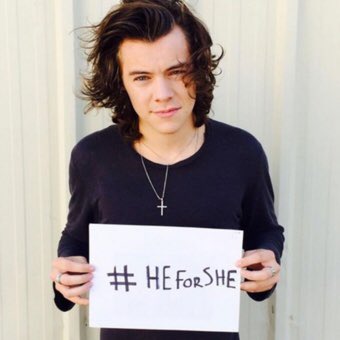 In 2014, Harry participated in a social media trend asking male celebrities to show their support for the cause by uploading a photo of them with the hashtag  #HeForShe    . Harry presented Emma Watson with the British Style Award and told her he supported the HeForShe campaign.
