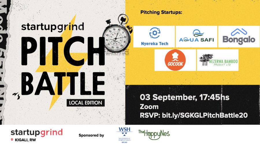 We are excited to host our #SGPitchBattles tomorrow. RSVP here bit.ly/SGKGLPitchBatt… and come watch 5 Rwandan startups pitch and battle for prizes!