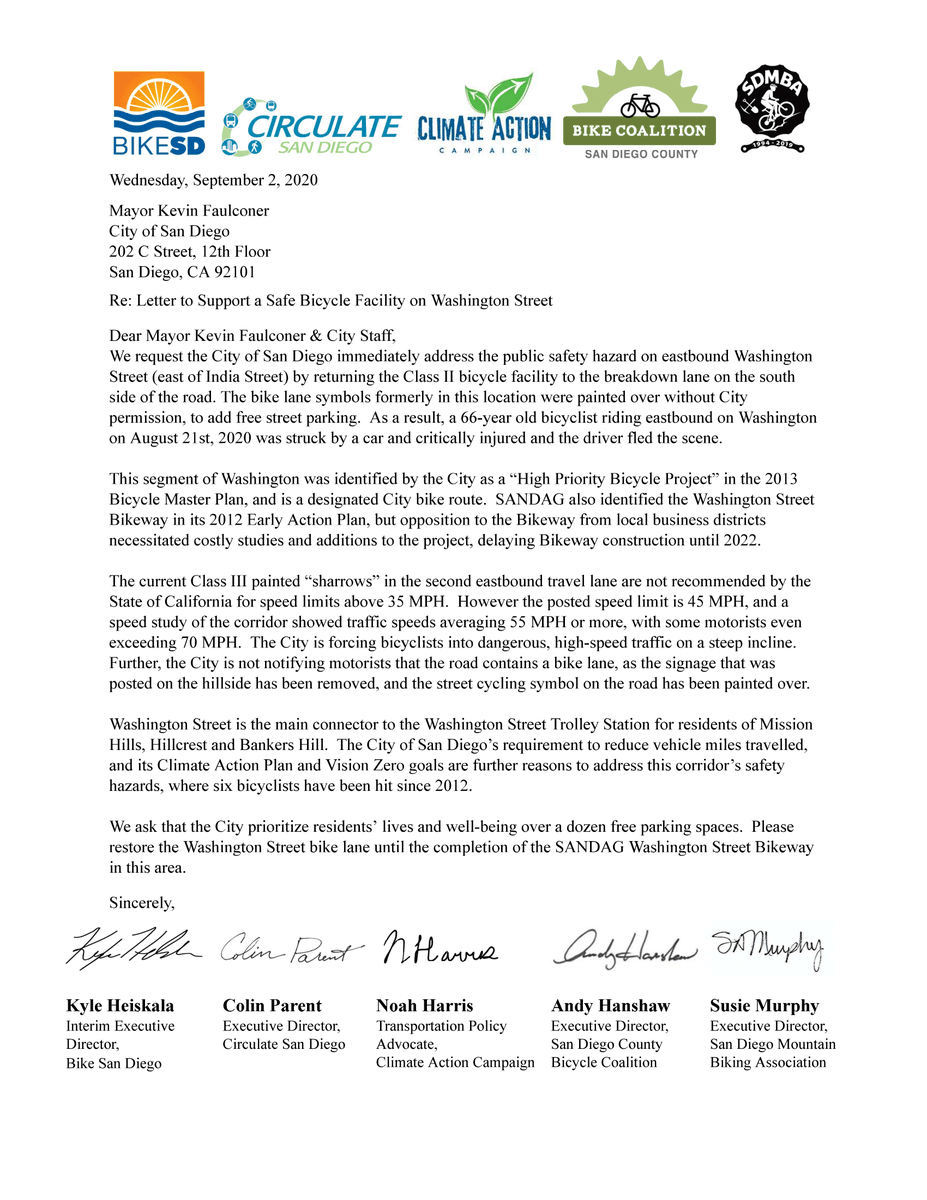 BikeSD's tweet photo. We've signed a letter calling on @SDMayorsOffice @CityofSanDiego to replace a bike lane on Washington St that was illegally painted over. We need better street design to eliminate traffic deaths in SD. Thank you @CirculateSD @sdclimateaction @sdbikecoalition @sdmba for signing on https://t.co/N6sl8Hwl6o