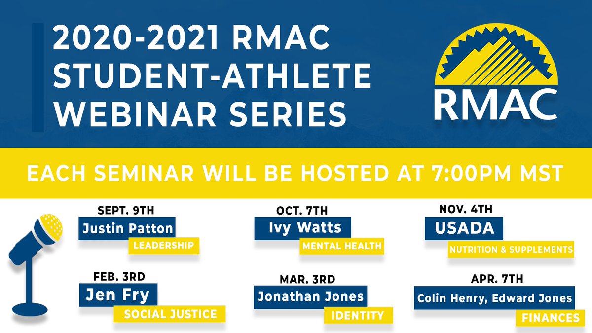 RMAC_SPORTS's tweet photo. We are so excited to announce our Inaugural RMAC Student-Athlete Webinar Series! We have some amazing presenters lined up this year and look forward to the opportunity to learn from them. #EverythingElevated https://t.co/jTqDlDIy0l