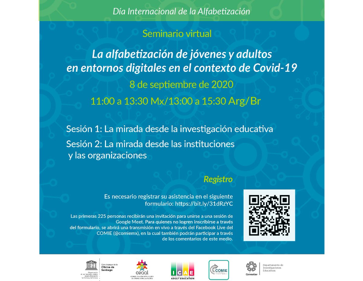 8 de septiembre, Día Internacional de la Slfabetización. Seminario Virtual en línea organizado por <a href="/comiemx/">COMIE</a> y el DIE del <a href="/cinvestav/">Cinvestav</a>. Se puede ver en FaceBook live.  11:30 am hor de México.
