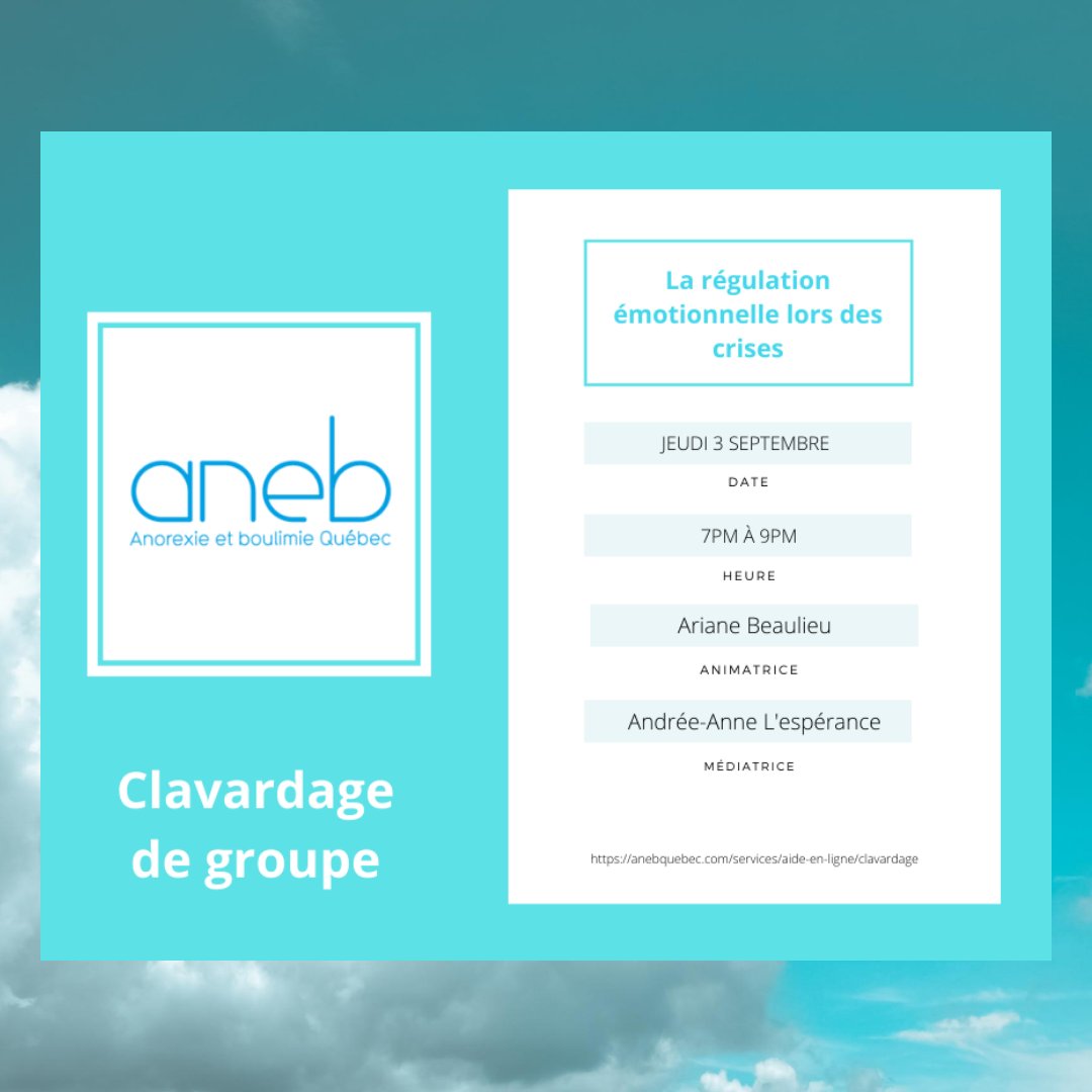 Demain, de 19 h à 21 h, se tiendra une séance de clavardage de groupe portant sur le thème de la régulation émotionnelle lors des crises. Pour participer à la discussion, tout simplement se rendre au lien suivant: anebquebec.com/services/aide-…
#tca #ed #aneb #ANEB_quebec #Emotions