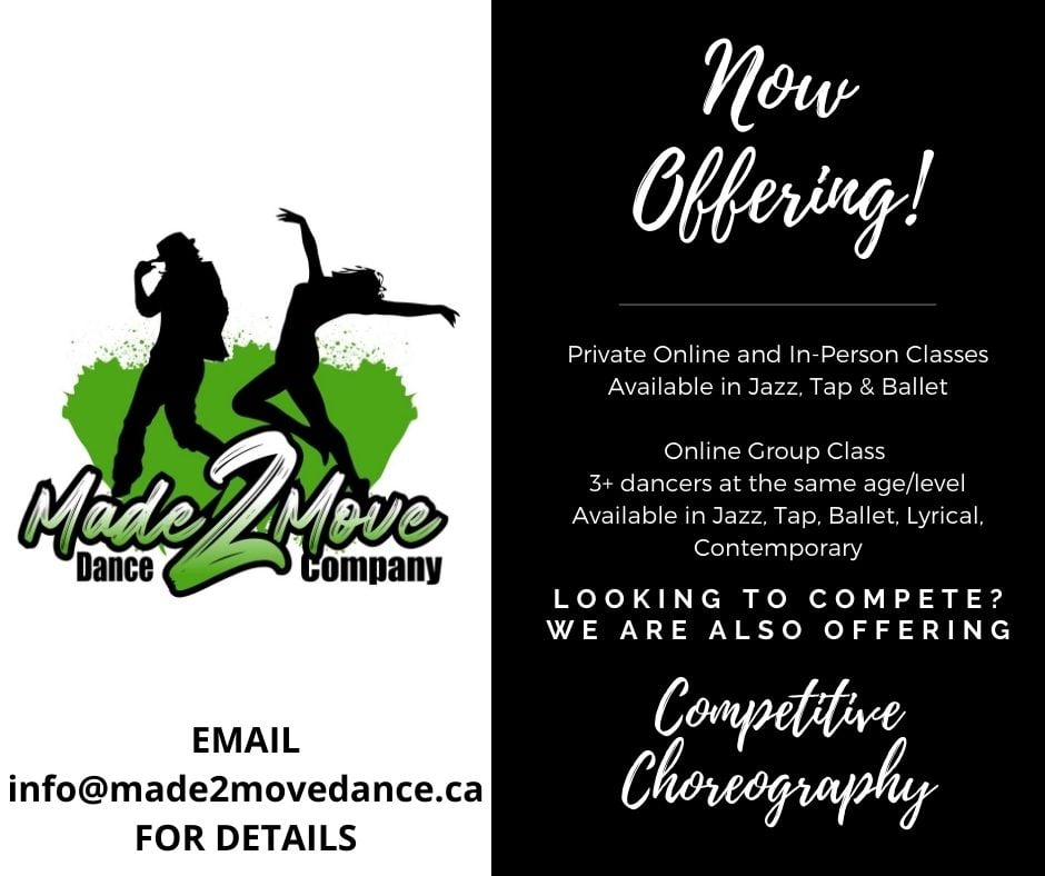 We are now offering virtual privates, in-person privates, virtual group classes and competitive choreography. If you are interested in any of these class options, contact us at info@made2move.ca for more details!