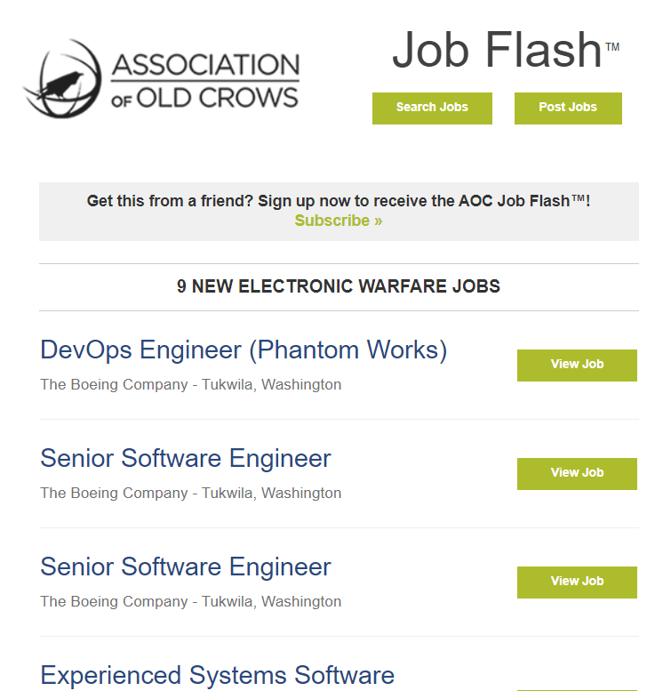 AOCrows's tweet photo. 9 new electronic warfare jobs https://t.co/7jD0y75Vbo @Boeing #JobSeeker #JobSearch #jobflash https://t.co/3qd6zo5r5Q