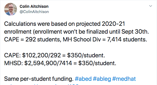 Something that Colin Aitchison seems to be pointing out here----though I never trust him, and recommend fact checking him----is that private schools are getting 100% of the funding that public schools are.... #abed  #ableg  #cdnpoli  #DefundABprivateSchools https://twitter.com/ColinAitchison/status/1301292376313360384