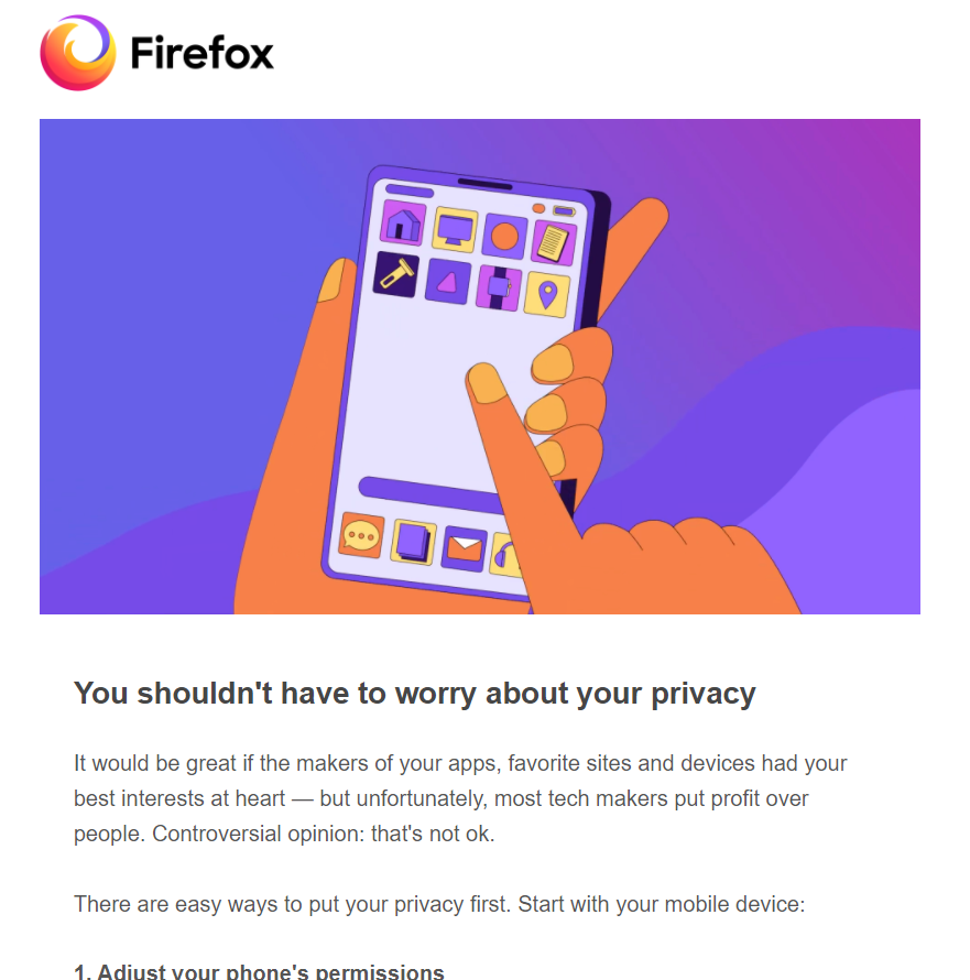 kaponyt's tweet photo. I received an email from @firefox giving digital security tips:
https://t.co/qWsn2nvFGG
It looks like it's one of the few companies that really care about people's privacy and freedom on the web.
They do an incredible job! https://t.co/fTGtm82JiV