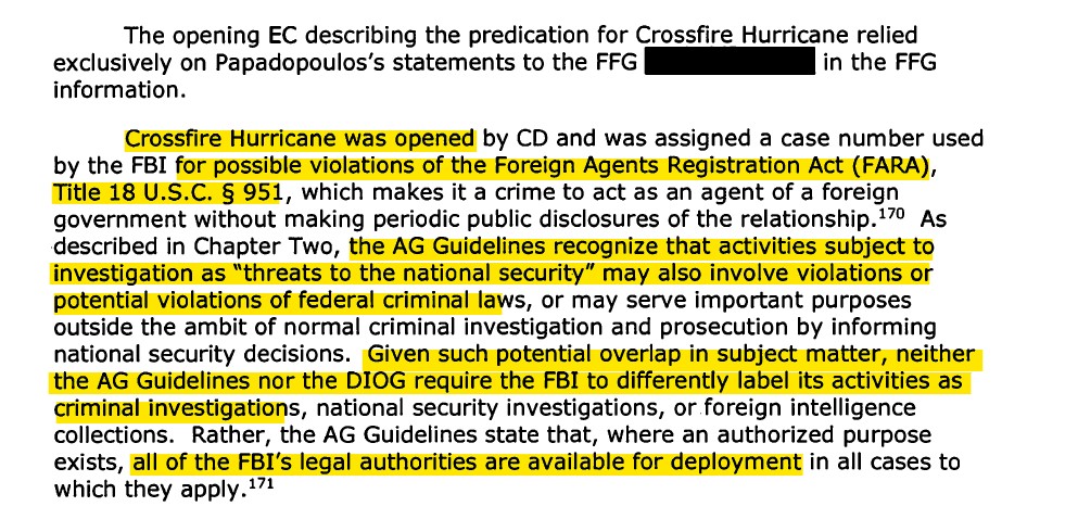 FARA blurred the CI vs Criminal boundaries and gave the FBI ALL authorities/tools of the FBI to SPY on the Trump campaign is another BIG reason