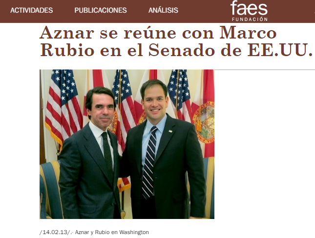 Firmando este documento estratégico está entre otros Marco Rubio, uno de los brazos golpistas en América Latina, que entre otras cosas celebraba el golpe en Bolivia y pedía hacer lo mismo en Venezuela. Así celebraba con Aznar lo conseguido, y así felicitaba a México y Peña Nieto