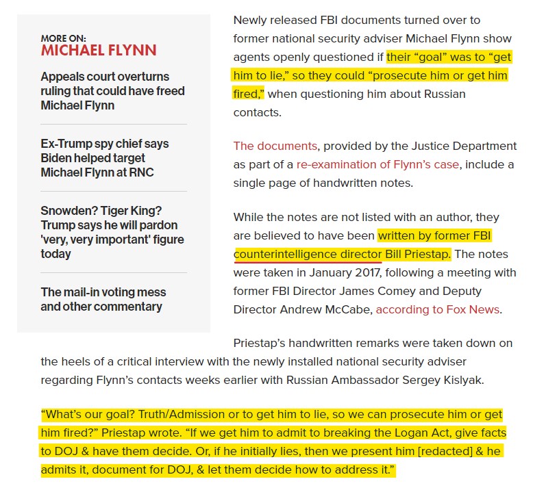 In the case of  @genflynn the smoking gun are the notes from Priestap, that shows the FBI debated about getting him to lie or getting him fired. That's not CI.