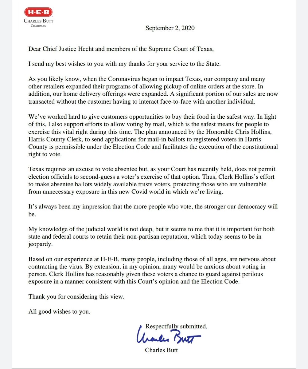 scottbraddock's tweet photo. Oh wow: In a letter to the Texas Supreme Court, the head of @HEB Charles Butt appears to side with Harris County Clerk @CGHollins that everyone should be able to request a mail ballot during the pandemic #txlege https://t.co/gEzck0EAcn