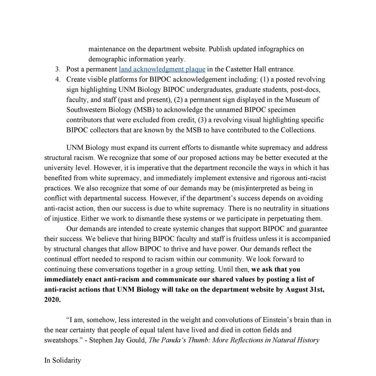 A group of grad students wrote a letter seeking  #antiracist actions from  @UNM Bio.There is no neutrality in situations of injustice. Either we dismantle these systems or we participate in perpetuating them. Sign in solidarity→  https://forms.gle/dfjMcvPFn3r1R4DF6  #BlackLivesMatter   (1/5)