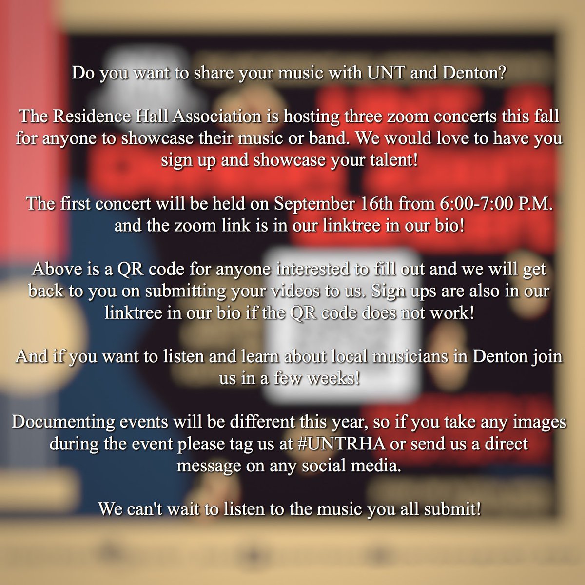 UNT_RHA's tweet photo. Do you want to share your music with UNT and Denton?   RHA is hosting our first zoom concert on September 16th from 6:00-7:00 P.M. for anyone to showcase their music! Scan the QR code to sign up!

Join in and listen and learn more about local musicians and bands!

#UNTRHA https://t.co/s5klZpY5GO