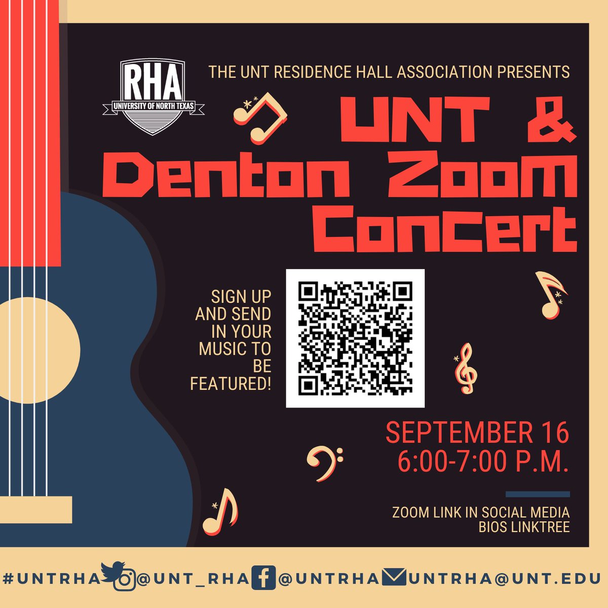 UNT_RHA's tweet photo. Do you want to share your music with UNT and Denton?   RHA is hosting our first zoom concert on September 16th from 6:00-7:00 P.M. for anyone to showcase their music! Scan the QR code to sign up!

Join in and listen and learn more about local musicians and bands!

#UNTRHA https://t.co/s5klZpY5GO
