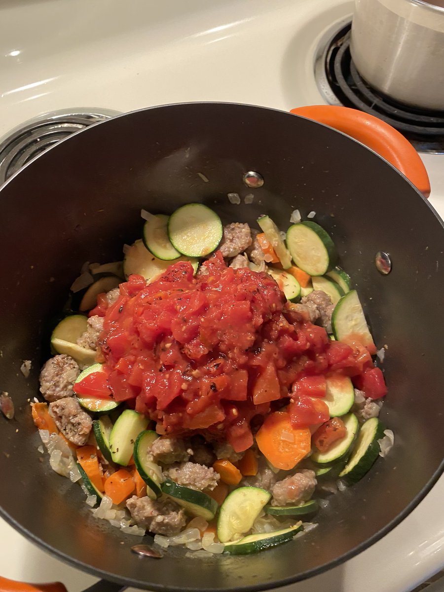 Step 4Added the diced carrots and zucchini. Cook for about 5 minutes and then add the can of diced tomatoes and cook for another 5 minutes.  #cookingforlieutenants