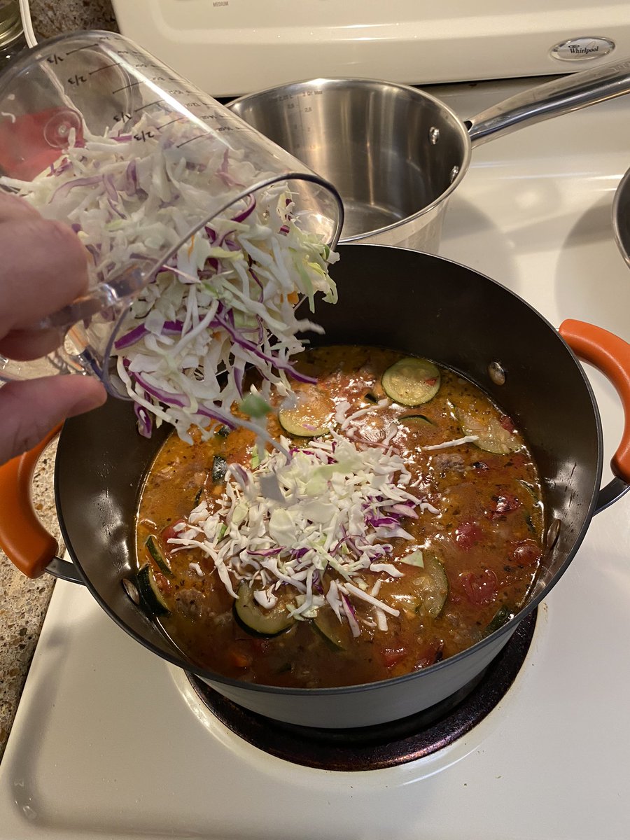 Step 6Add the 2 cups of diced cabbage, stir, cover, and cook for another 30 minutes.  #cookingforlieutenants