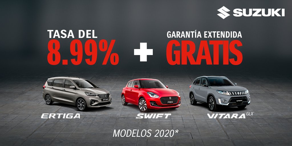 SuzukiPolanco's tweet photo. 🔥 Estrena HOY 🔝modelos 2020 #Swift #Ertiga #Vitara #GLX 🚘
🔝 TASA 8.99%
😎 Garantía extendida GRATIS.

Cotiza tu próximo #Suzuki 👇🏼
https://t.co/kNFRyOTvEZ

#SuzukiPolanco #SuzukiSomosMásQueAutos #Camcar https://t.co/NP92kOaMx6