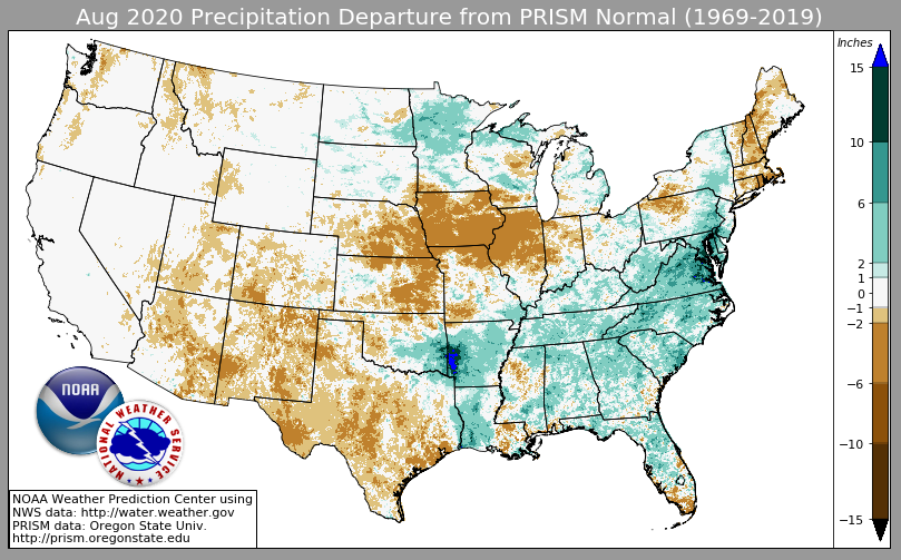 🌧️August was a wet month for many across the Lower MS Valley, Upper Midwest and points to the east.  Close to the OK/AR border, the monthly rainfall totals (estimated max.: 31.84" in AR) were highly anomalous with the long-term departure from normal in excess of a foot of rain!