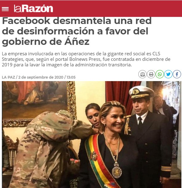 ¡BOMBAZO!Facebook detecta una red de desinformación a favor del gobierno golpista de Bolivia y contra los gobiernos de Venezuela y México ligada a CLS Strategies que gastó 3,6M$, vinculada con Atlantic Council (Aznar), OEA, USAID (organismo público de los EEUU) y Atlas Network.