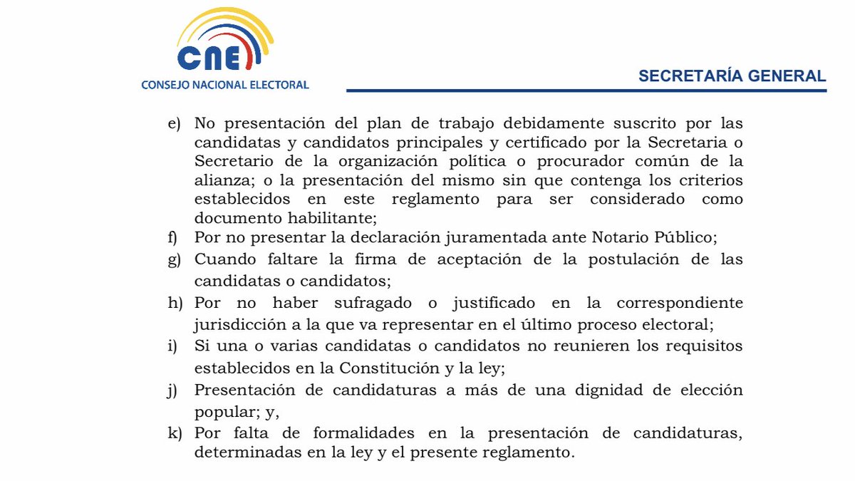 Para los que esperan la eliminación del binomio de la esperanza:
1. Adjunto firma de aceptación cumpliendo TODO
2. Solo SI falta esta firma se puede negar inscripción del CANDIDATO (art.13g, reglamento)
3. Solo 4 organizaciones cumplimos requisitos de democracia interna (13a)