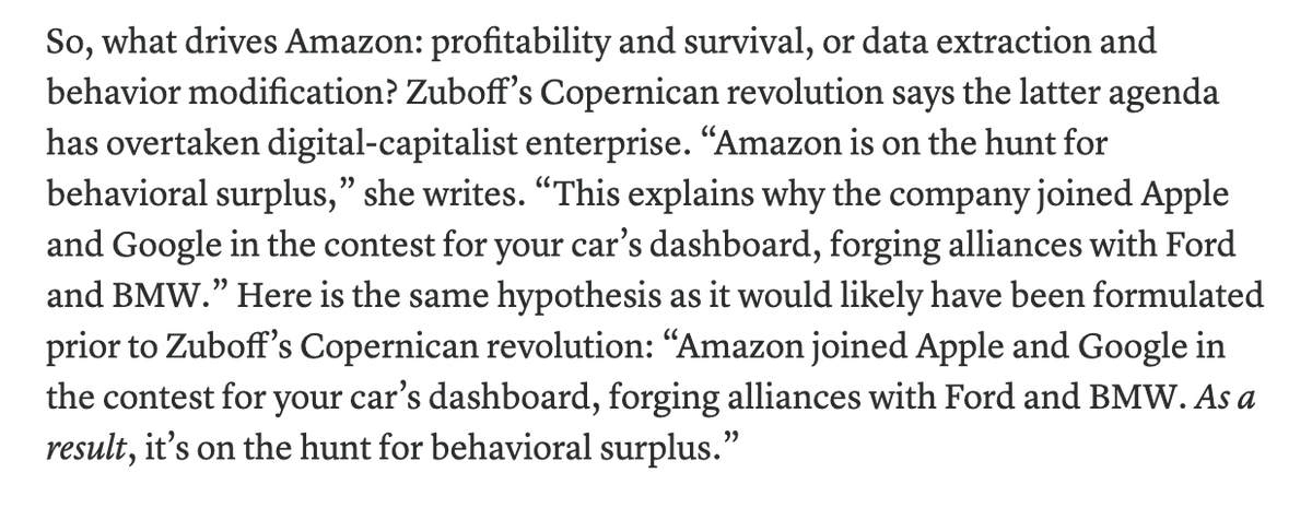 Section X of Morozov's review but specifically his analysis of Part 2 are key here and map over to Amazon's workplace surveillance. Is Amazon watching because it wants more data to improve services & modify behavior? Or is it watching because capital is antagonistic to labor? 3/