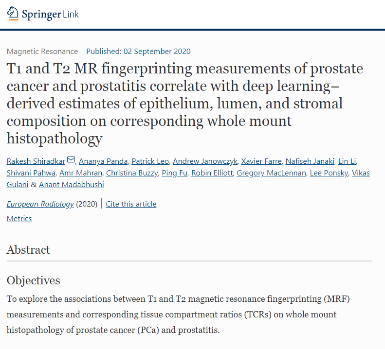 anantm's tweet photo. Thrilled to report new paper in @SpringerOpen  Eur Radiology on T1 &amp; T2 MRF for #prostatecancer &amp; #Prostatits correlate w #deeplearning derived features on #digitalpathology. Joint collaboration b/w @CCIPD_Case's Rakesh Shiradkar, @AnanyaPanda15 @MRIvikas @LPonsky et al. https://t.co/TrWt9PmDvf