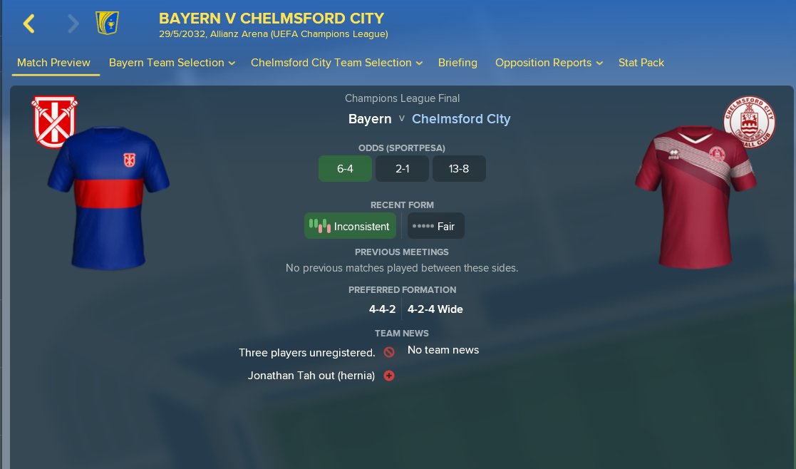 fplblackbox_az's tweet photo. The year is 2032.
Chelmsford are about to play in their first ever Champions League final against Bayern Munich...
Come on @OfficialClarets
(I want to win this so much...)
#FM2018 https://t.co/GbGCaQVpqA