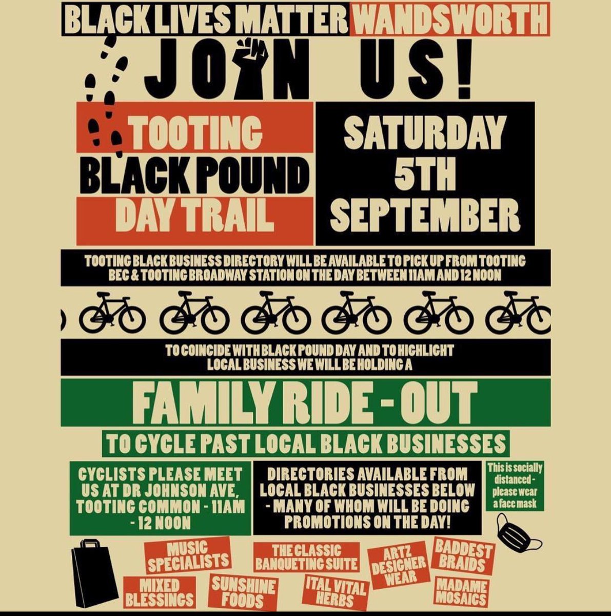 SATURDAY: 🖤 Tooting Black Pound Day Trail 🖤 Join #BlackLivesMatter Wandsworth for a family cycle 🚲 to coincide with #BlackPoundDay. The route will take you past Black-owned businesses whom will be offering special promotions 🥰 MEET TIMES &amp; LOCATIONS BELOW ⬇️