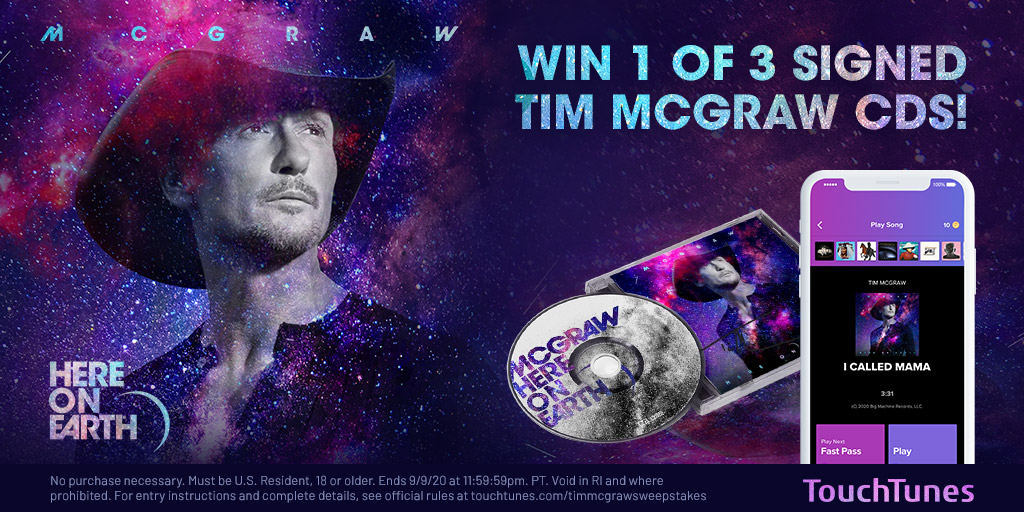 Tim McGraw (@thetimmcgraw) on Twitter photo We're giving away 3 signed #HEREONEARTH CD's!! Just play any song from the new album on the <a href="/TouchTunes/">TouchTunes</a> app through 9/9 to be entered to win: touchtunes.app.link/TimMcGrawSweep… We're giving away 3 signed #HEREONEARTH CD's!! Just play any song from the new album on the <a href="/TouchTunes/">TouchTunes</a> app through 9/9 to be entered to win: touchtunes.app.link/TimMcGrawSweep…