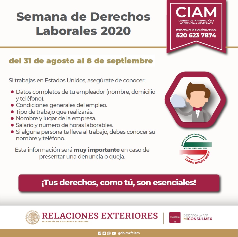 ConsulMexMKE's tweet photo. 🧑⚖️ #ConoceTusDerechos ⚖️ XII Semana de #DerechosLaborales 2020 🧑🔧🏭👷 🚜👩🌾 🧑🍳y es por facebookLive 💻 aquí en la página del #ConsuladoDeMéxico 🇲🇽 en Milwaukee, síguenos de manera virtual a las 12:00 de medio día #SLD2020 #ProtecciónConsular #CIAM https://t.co/p7GdMBwrJW