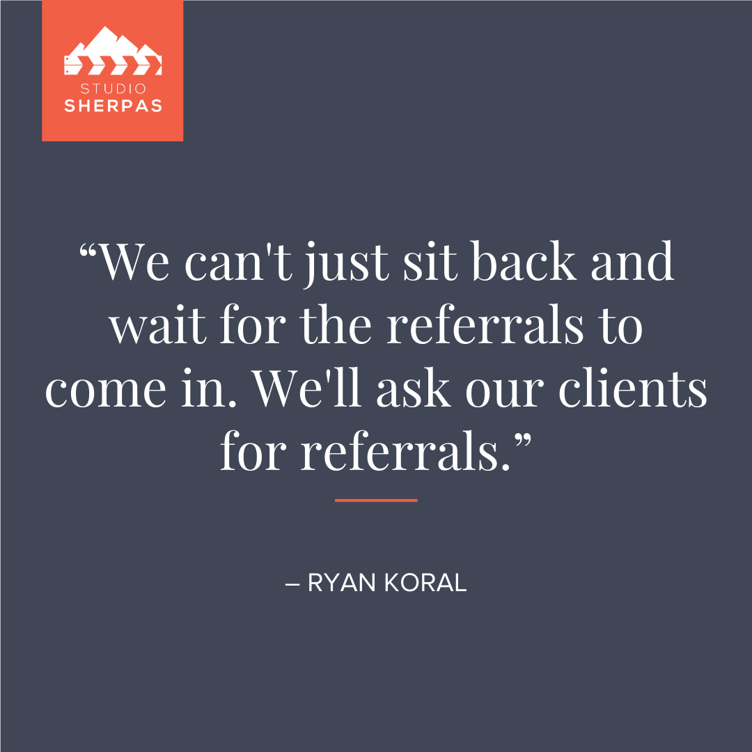 studiosherpas's tweet photo. “We can’t just sit back and wait for the referrals to come in. We’ll ask our clients for referrals.” -- @RyanKoral
https://t.co/33ig2C4Yhf
#studiosherpas #podcast #videopodcast #entrepreneur #filmmaker #budget #income #referrals #marketing #worklifebalance #designedforgood https://t.co/OAmtsVlPZr