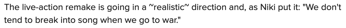 Caro talks about making the movie "realistic" millions of times, but Mulan is folklore!!! What do you mean people don't break out into song, THE NAME OF THE TALE IS THE *BALLAD* OF MULAN. WHAT DO YOU THINK A BALLAD IS? https://www.buzzfeed.com/benhenry/mulan-director-niki-caro-q-and-a