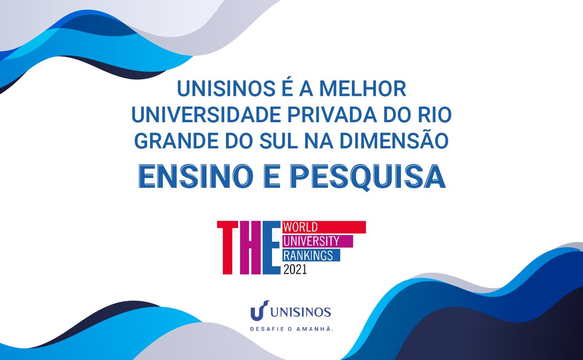 Unisinos's tweet photo. Unisinos é a melhor universidade privada do Rio Grande do Sul na dimensão Ensino e Pesquisa The World University Ranking! 🎉🎉

O resultado reforça a excelência acadêmica da Unisinos. 💙

Saiba mais: https://t.co/5DUe1iIIj1. #THEunirankings https://t.co/t0hkmkLv1S