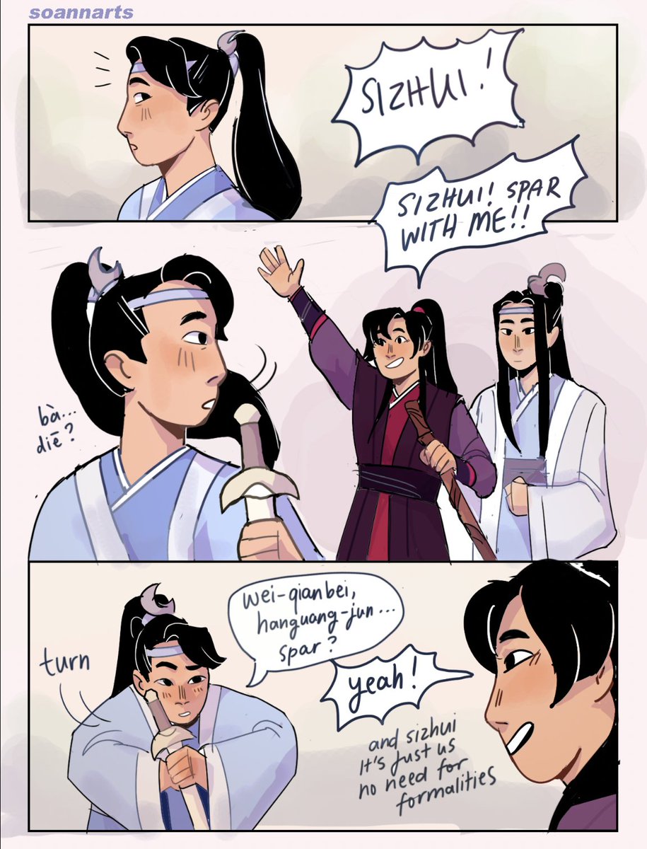 soannarts's tweet photo. [Spar, 1/2] 
a lil comic I did a while back about wei ying learning to wield suibian again post-canon, feat. sizhui best son <3 
#wangxian #mdzs https://t.co/J7HgSiWodp