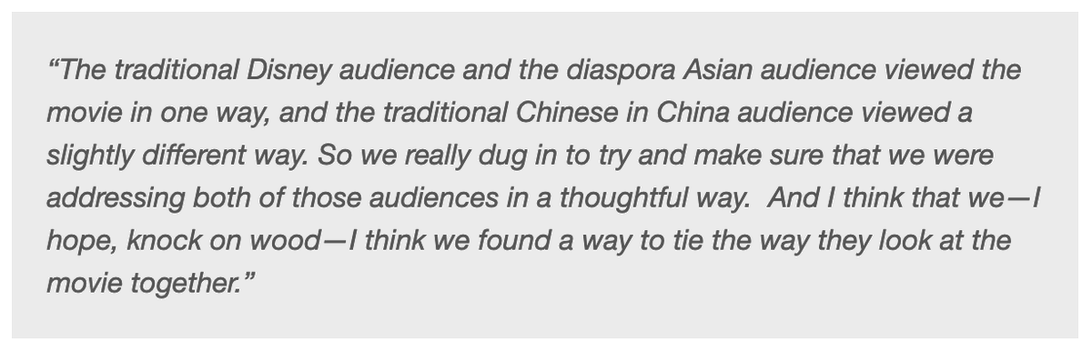 Anyways, here's the producer Jason Reed saying the "traditional Disney audience" isn't "the disapora Asian audience" which also isn't "the traditional Chinese in China audience" & then saying that they, as a fully White team, understand how to make a movie for Chinese audiences.