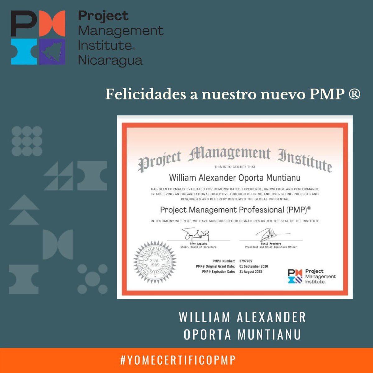 Felicitamos a nuestro nuevo PMP: William Alexander Oporta Muntianu ! #certificacionpmp #yomecertificopmp