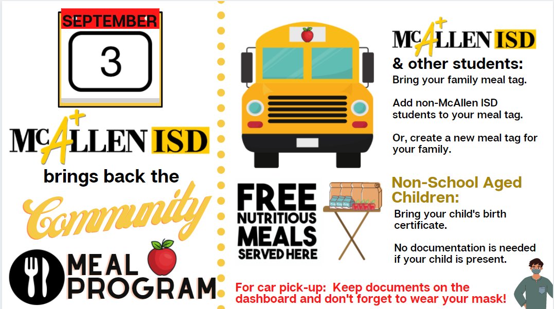 McAllenISD's tweet photo. McAllen ISD has GREAT NEWS! Beginning tomorrow, September 3, we will be offering the Community Meals Program. This means that all students, 1-18 years old, can pick up meals at any of our meal locations. Details are on the flyer and in the video below!  https://t.co/ej0AWhBiBR https://t.co/1JdvZ4nJkT