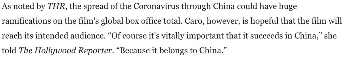 Capping off this thread with a final Caro quote, "Of course it's vitally important that it succeeds in China, because it belongs to China." But do you really believe that, as the White director of this film, or are you just here to profit off of the large Chinese market?