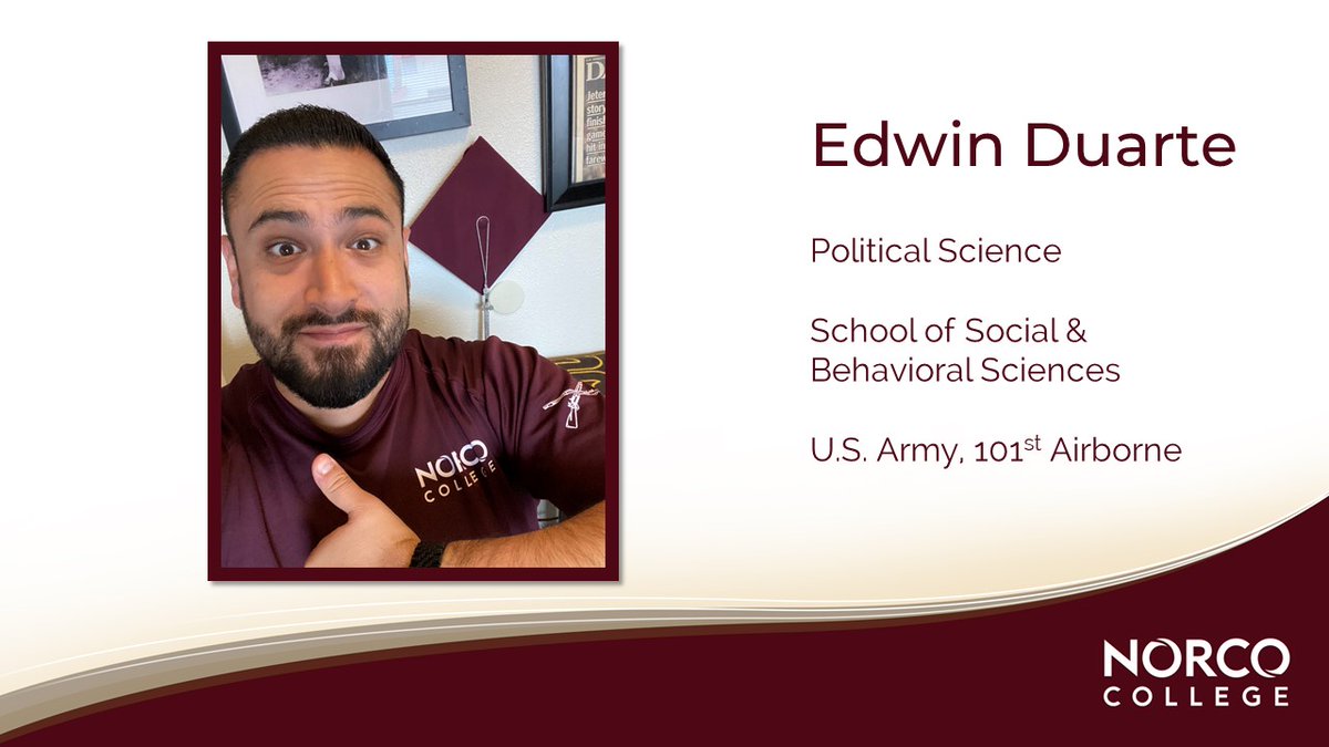 NorcoCollege's tweet photo. Edwin Duarte, a veteran student, received his associates degree in History this past June. After this fall semester, he will receive his associates degree in Political Science. Welcome back Edwin! #veteranstudent #MustangPride https://t.co/IC4YpyUPbF