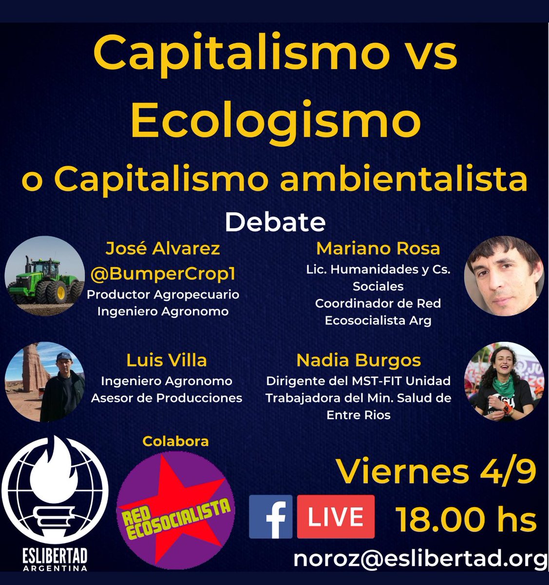 Los invito este viernes a la 18hs a un debate entre agrónomos capitalistas y ambientalistas socialistas organizado por <a href="/EsLibertadArg/">EsLibertad Argentina</a> 
¡¡Los esperamos!!