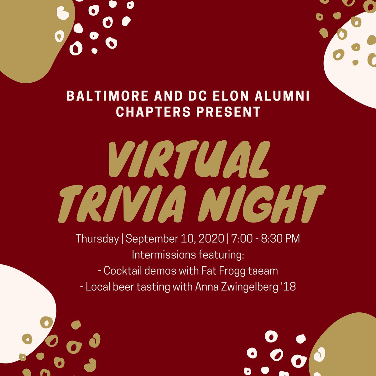 ElonInDC's tweet image. Looking for something fun to do? Join us next Thursday, 9/10 for a Virtual Trivia night! Not enough? Try your hand at bartending and craft beer tasting. Register now for access to the Zoom call, cocktail recipes and local beer list. bit.ly/3lpfRXU