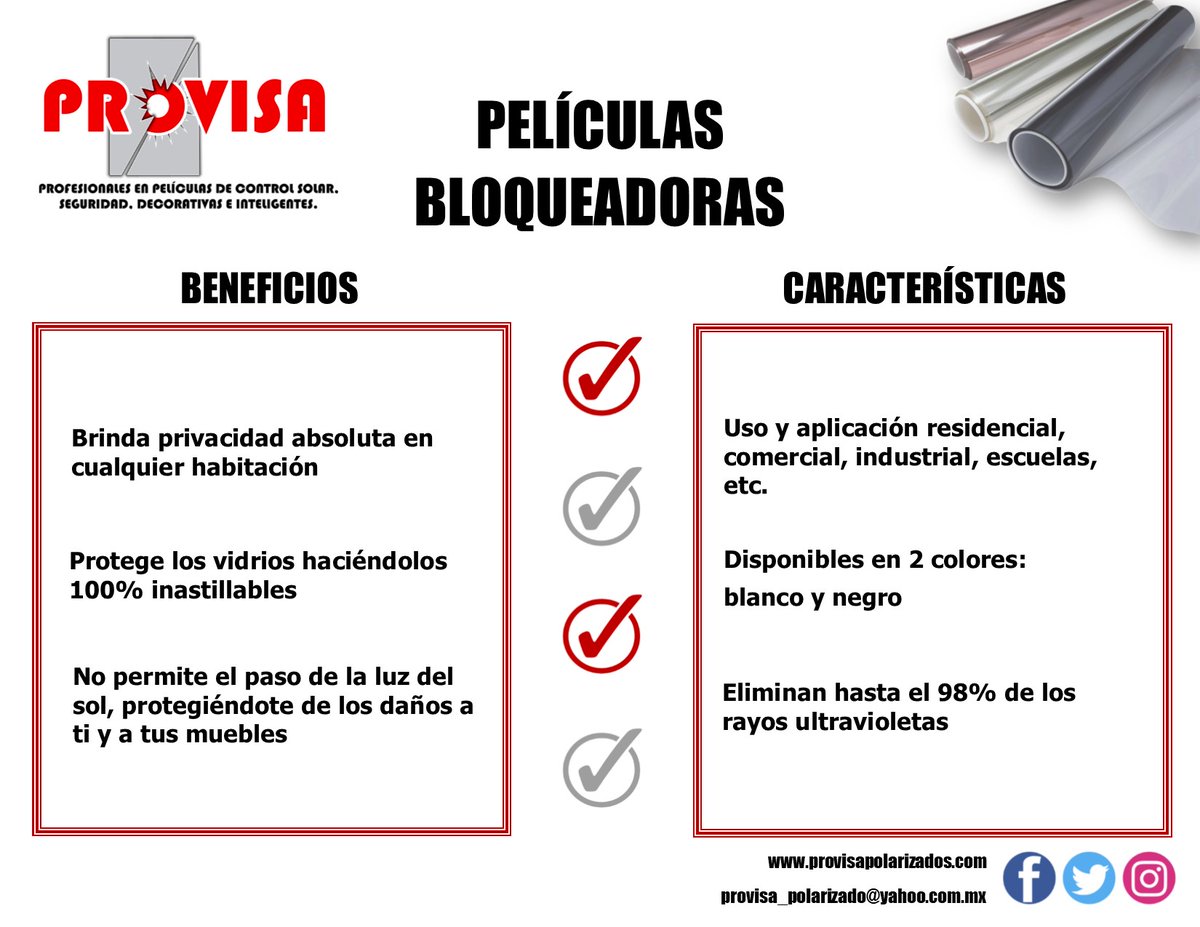 PPolarizado's tweet photo. PELĂCULAS BLOQUEADORAS
Beneficios y CaracterĂsticas de nuestras pelĂculas bloqueadoras. PregĂșntanos tus dudas y haz tus cotizaciones con nosotros.
https://t.co/rdv2p8oXQE
Cotiza en nuestro WhastsApp -> https://t.co/T0P6TuJRx7
#PROVISA #Calidad #Servicio #Pelicula #Decorar https://t.co/US6rShixyM