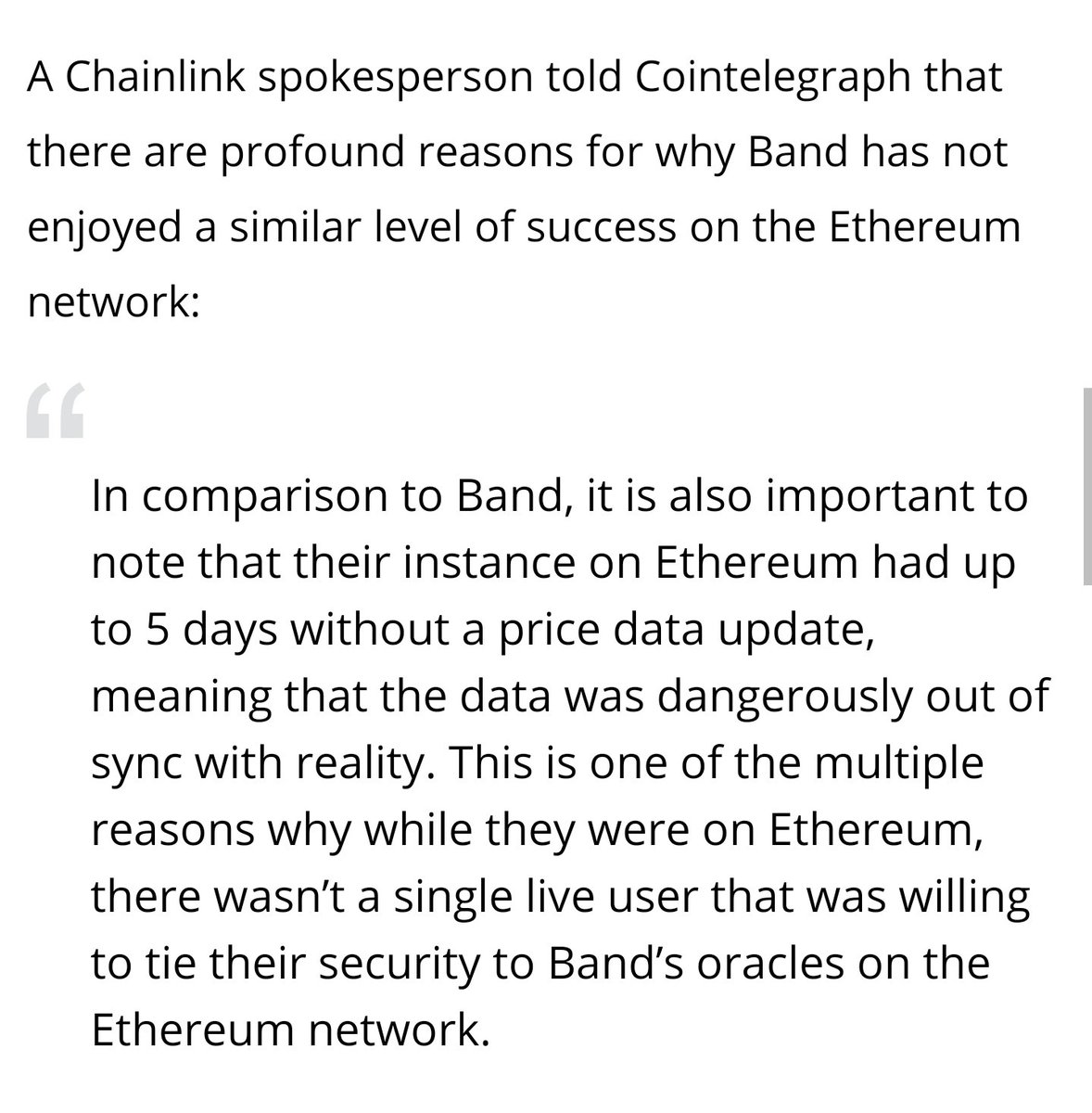 Even news articles about  $BAND, which always have "$LINK killer" or some other mention of Chainlink in the title, have a debunking section on Band's lies that they try to push to the public https://cointelegraph.com/news/band-protocol-ceo-says-that-a-single-chainlink-data-request-costs-450