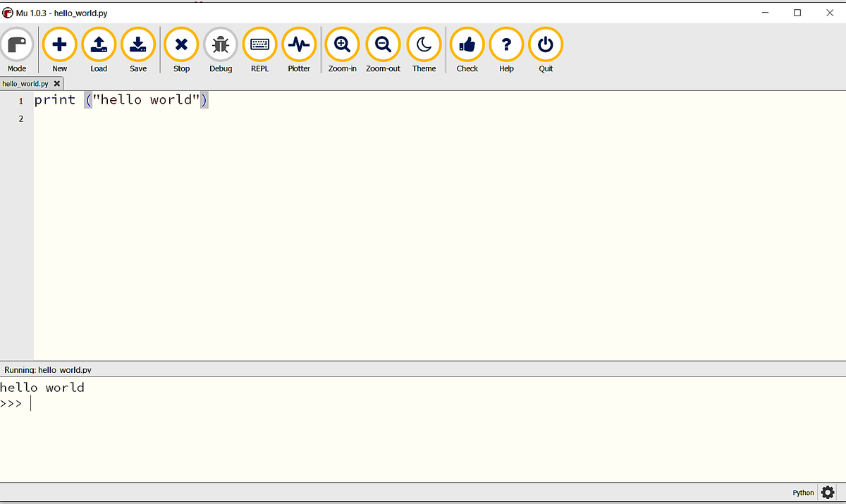 TsuiAllen's tweet image. Nothing too astounding but prompted to share my "hello world" moment using the #CodeWithMu @ThePSF editor as part of the @FutureLearn Introduction to Python for Editors with @Raspberry_Pi for the @WeAreComputing #CSAccelerator pathway.