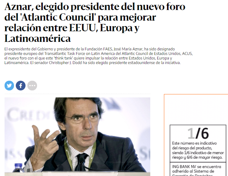 Rafael Bardají (VOX) es miembro de Atlantic Council desde 2006, fecha en la que Aznar (FAES) fue nombrado consejero de NewsCorp (FoxNews) y desde entonces uno de los principales promotores de Atlas Network, en 2012 fue nombrado director de Atlantic Council para Europa y LATAM.